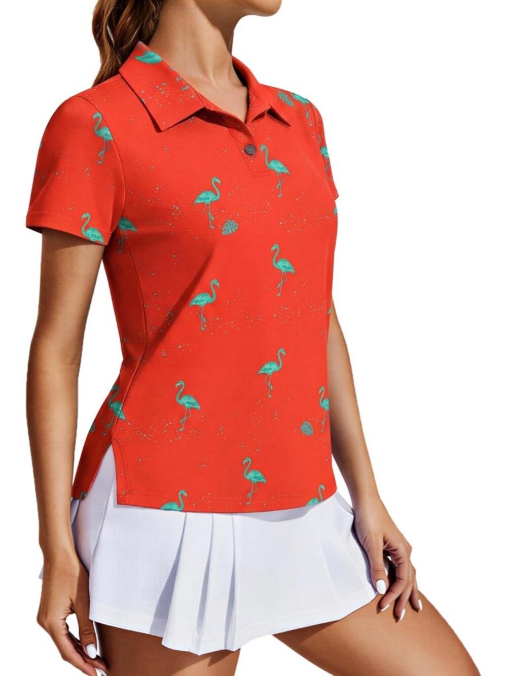 Women's Flamingo Red Golf Shirt UPF50+ Polo Short Sleeve 3 Button Tennis Top